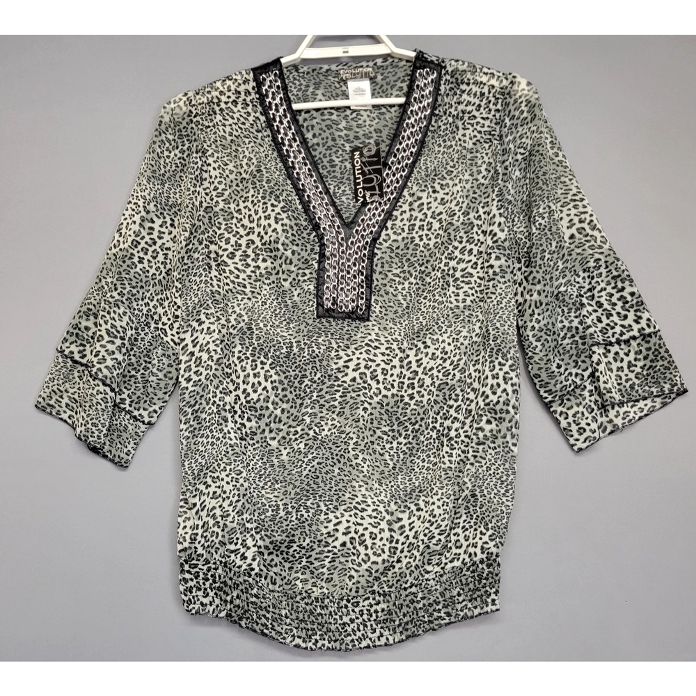 Evolution JMS Top Womens 1X Gray Black‎ Animal Leopard Print Tunic 3/4 Sleeve